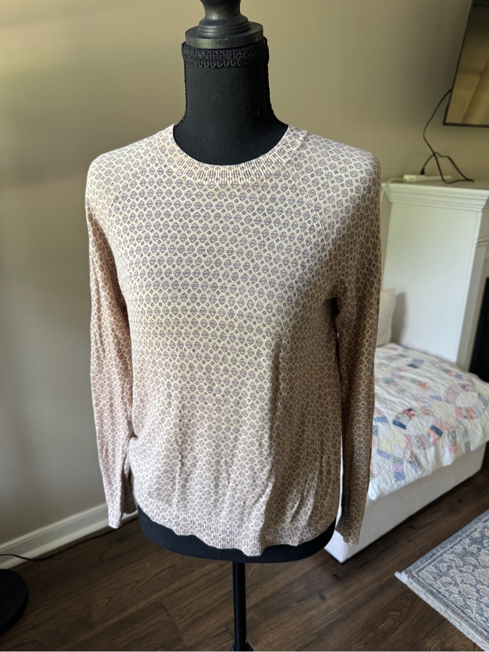 LOFT Pink and Ivory Floral-Pattern Crewneck Sweater